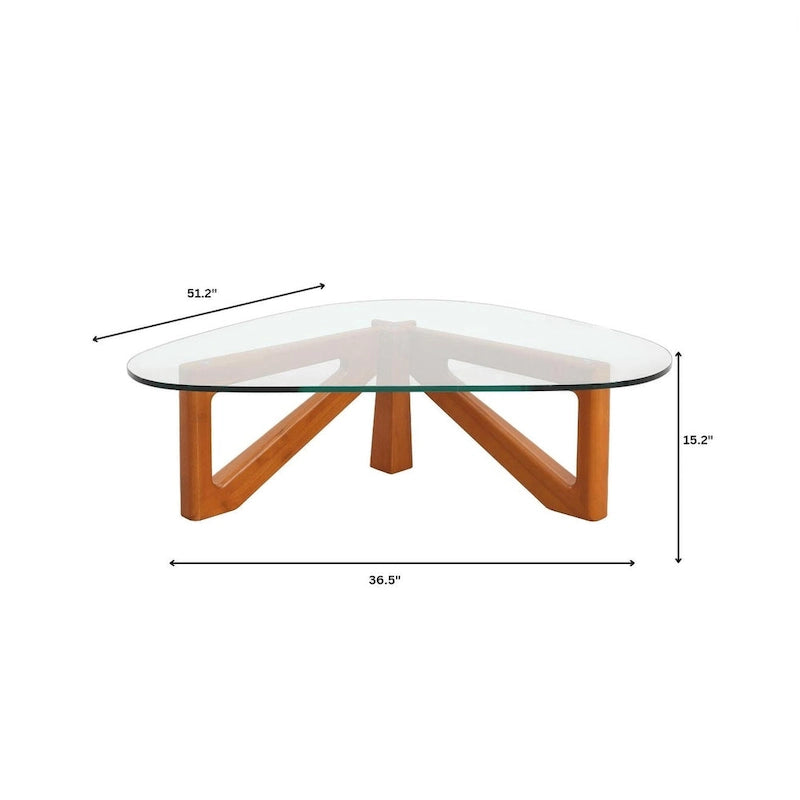 Triangular Glass Top Coffee Table with Rubberwood Base, 36-Inch