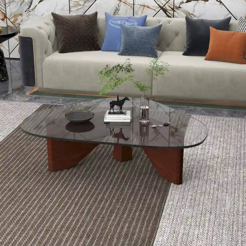 Triangular Glass Top Coffee Table with Rubberwood Base, 36-Inch