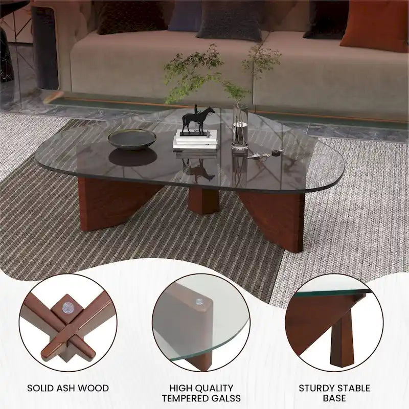 Triangular Glass Top Coffee Table with Rubberwood Base, 36-Inch