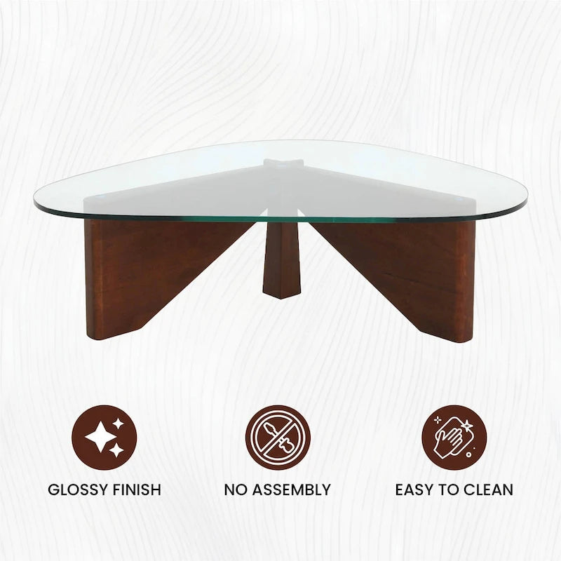 Triangular Glass Top Coffee Table with Rubberwood Base, 36-Inch
