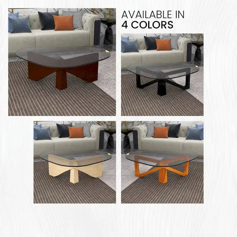 Triangular Glass Top Coffee Table with Rubberwood Base, 36-Inch