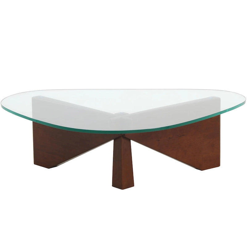 Triangular Glass Top Coffee Table with Rubberwood Base, 36-Inch