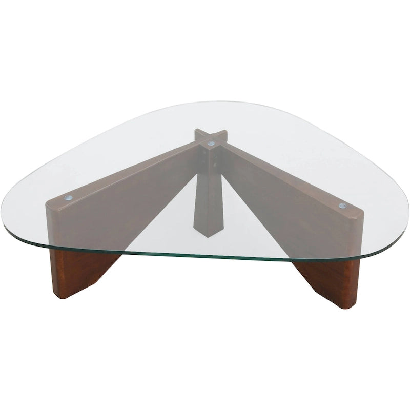 Triangular Glass Top Coffee Table with Rubberwood Base, 36-Inch