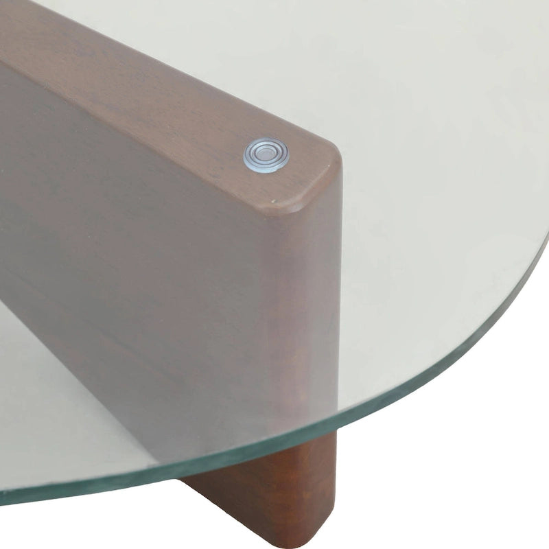 Triangular Glass Top Coffee Table with Rubberwood Base, 36-Inch