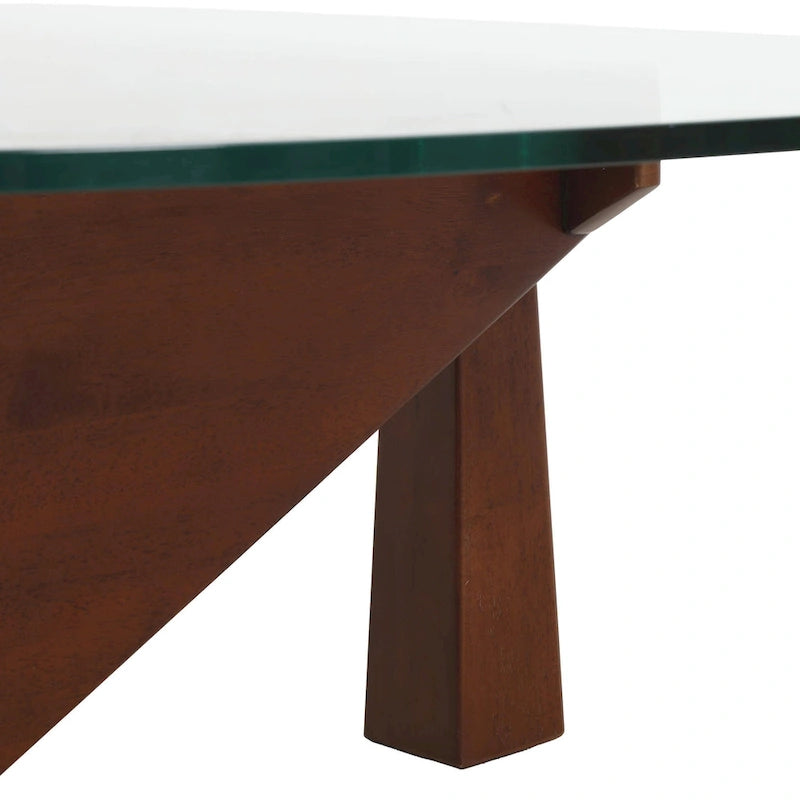 Triangular Glass Top Coffee Table with Rubberwood Base, 36-Inch