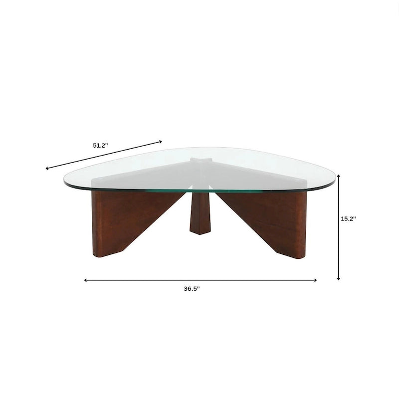Triangular Glass Top Coffee Table with Rubberwood Base, 36-Inch