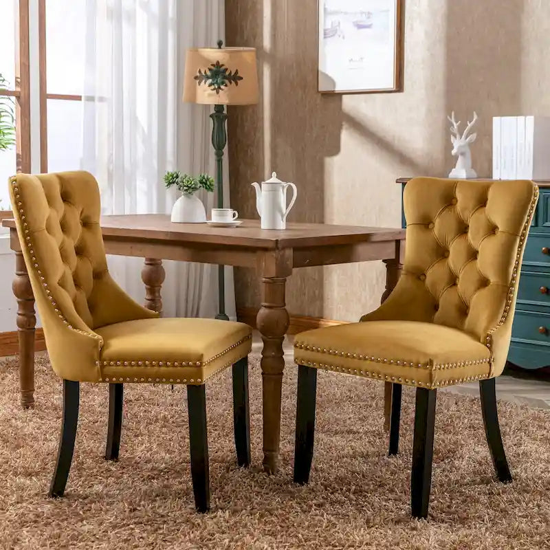 Velvet Dining Chair with High Back and Solid Wood Legs, Set of 2