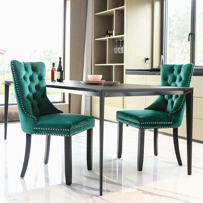 Velvet Dining Chair with High Back and Solid Wood Legs, Set of 2