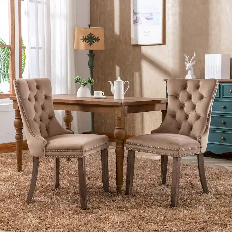 Velvet Dining Chair with High Back and Solid Wood Legs, Set of 2
