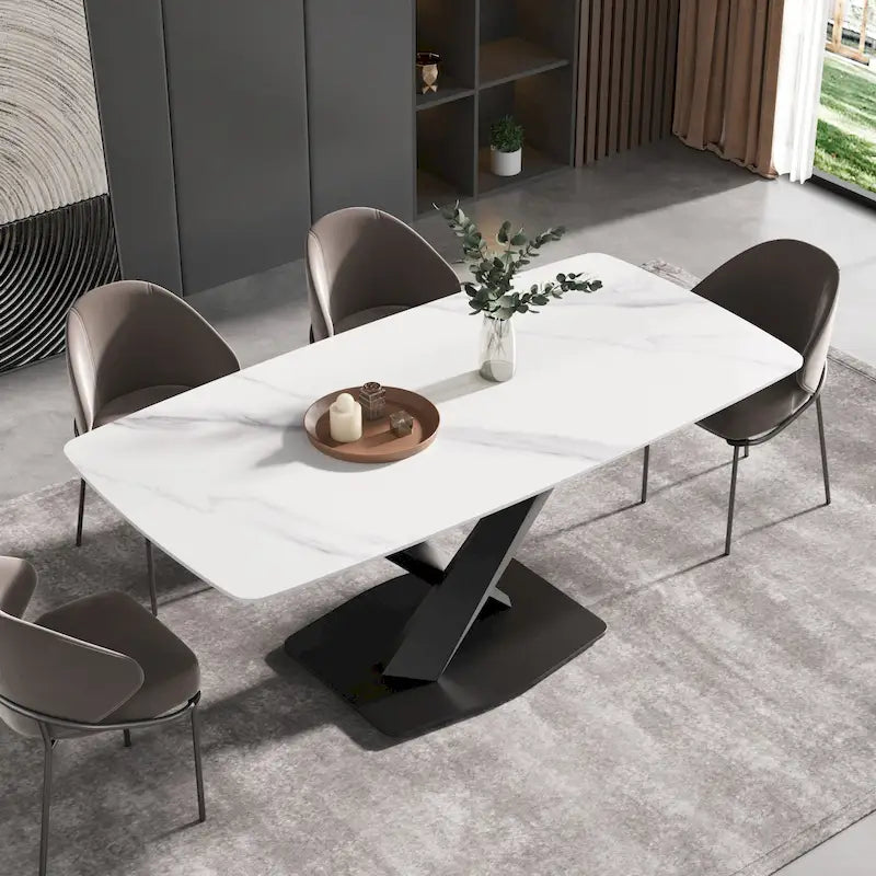71-Inch Modern Dining Table with Slate Stone Top and Metal Legs