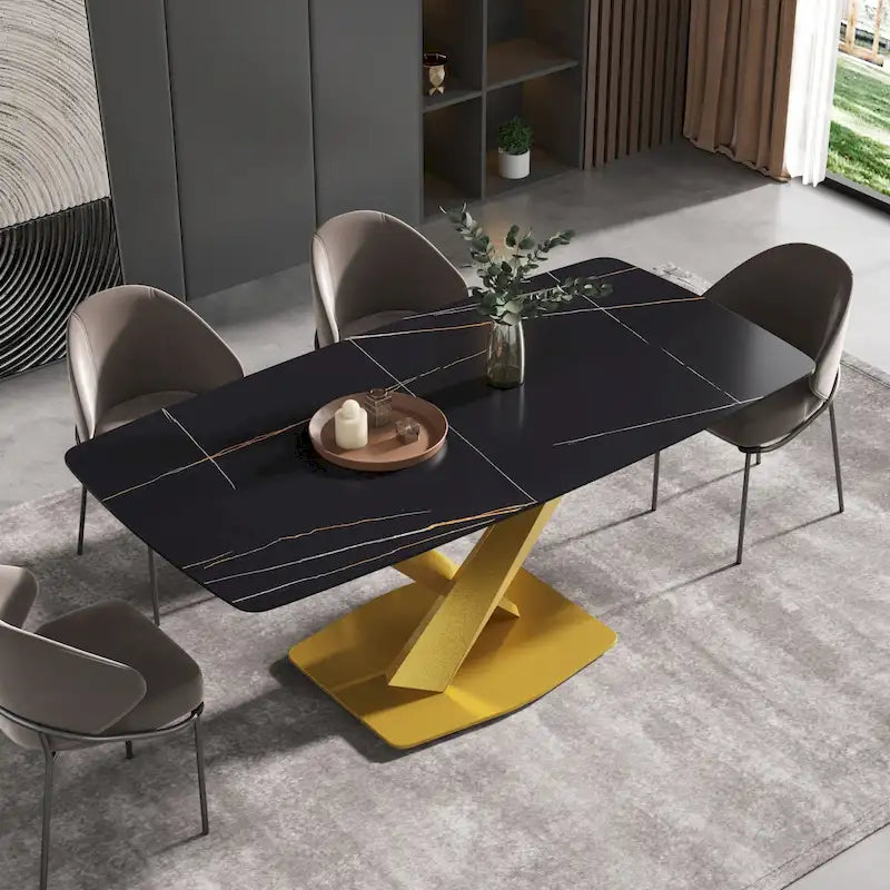 71-Inch Modern Dining Table with Slate Stone Top and Metal Legs