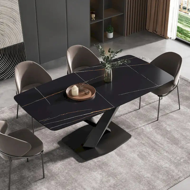 71-Inch Modern Dining Table with Slate Stone Top and Metal Legs
