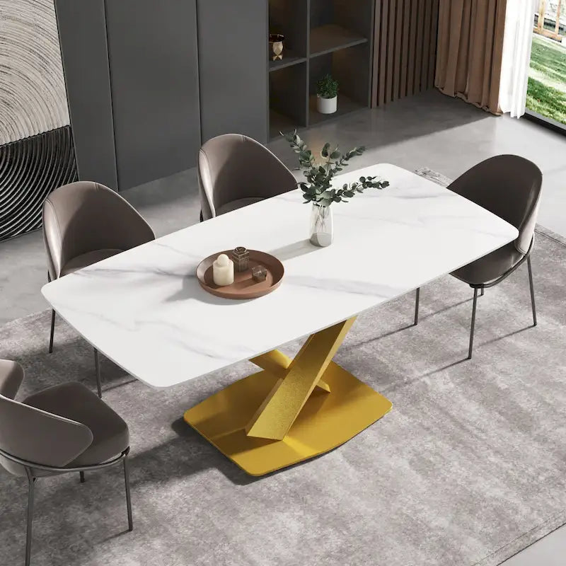 71-Inch Modern Dining Table with Slate Stone Top and Metal Legs