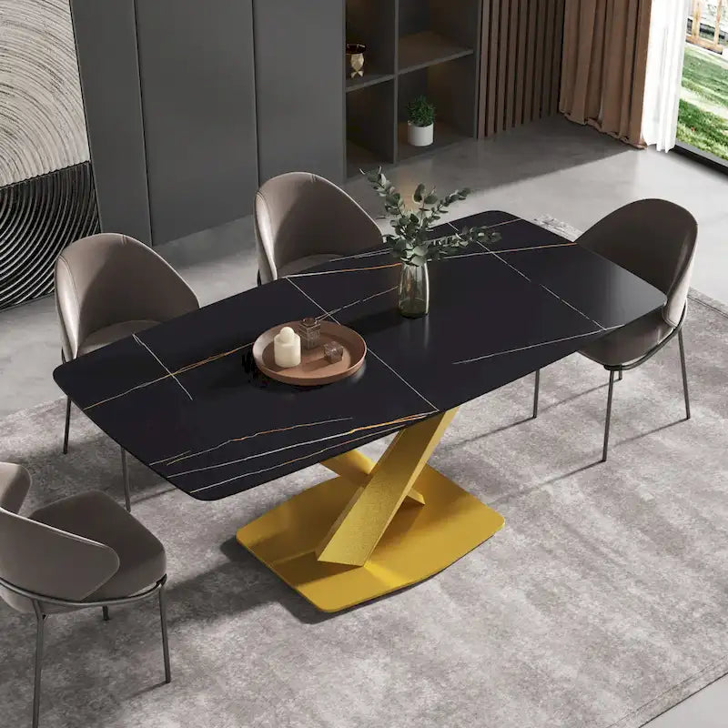 71-Inch Modern Dining Table with Slate Stone Top and Metal Legs