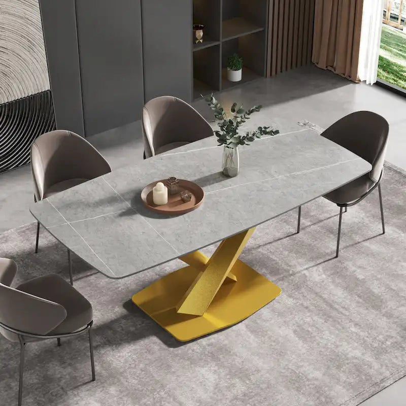 71-Inch Modern Dining Table with Slate Stone Top and Metal Legs