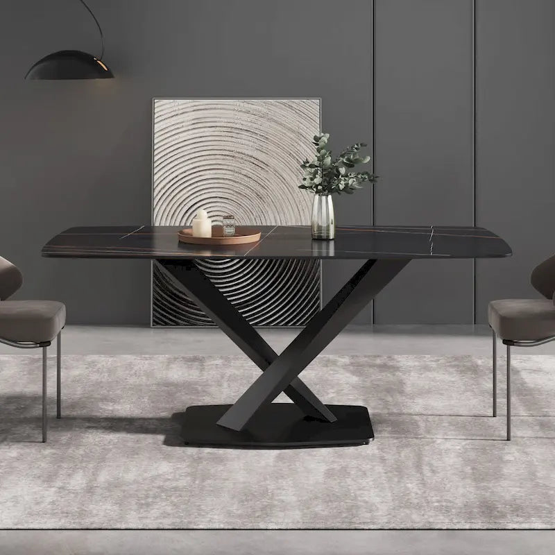 71-Inch Modern Dining Table with Slate Stone Top and Metal Legs