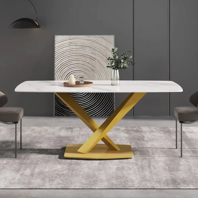 71-Inch Modern Dining Table with Slate Stone Top and Metal Legs