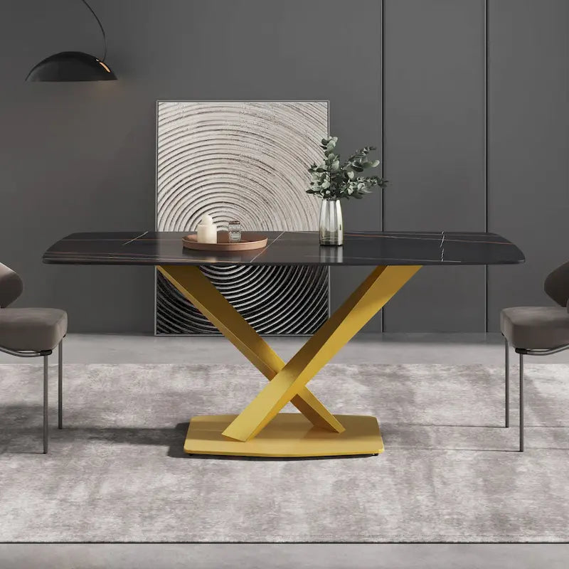 71-Inch Modern Dining Table with Slate Stone Top and Metal Legs