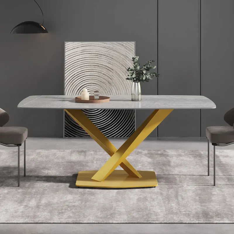 71-Inch Modern Dining Table with Slate Stone Top and Metal Legs