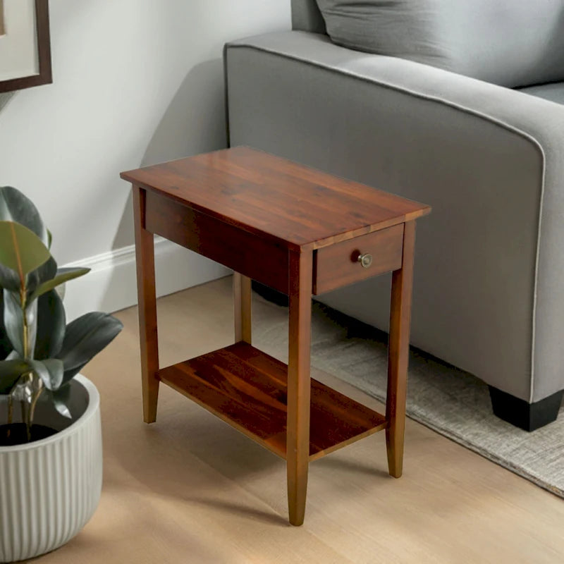 Solid Acacia Wood Recliner End Table with Drawer and Bottom Shelf