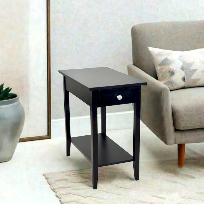 Solid Acacia Wood Recliner End Table with Drawer and Bottom Shelf