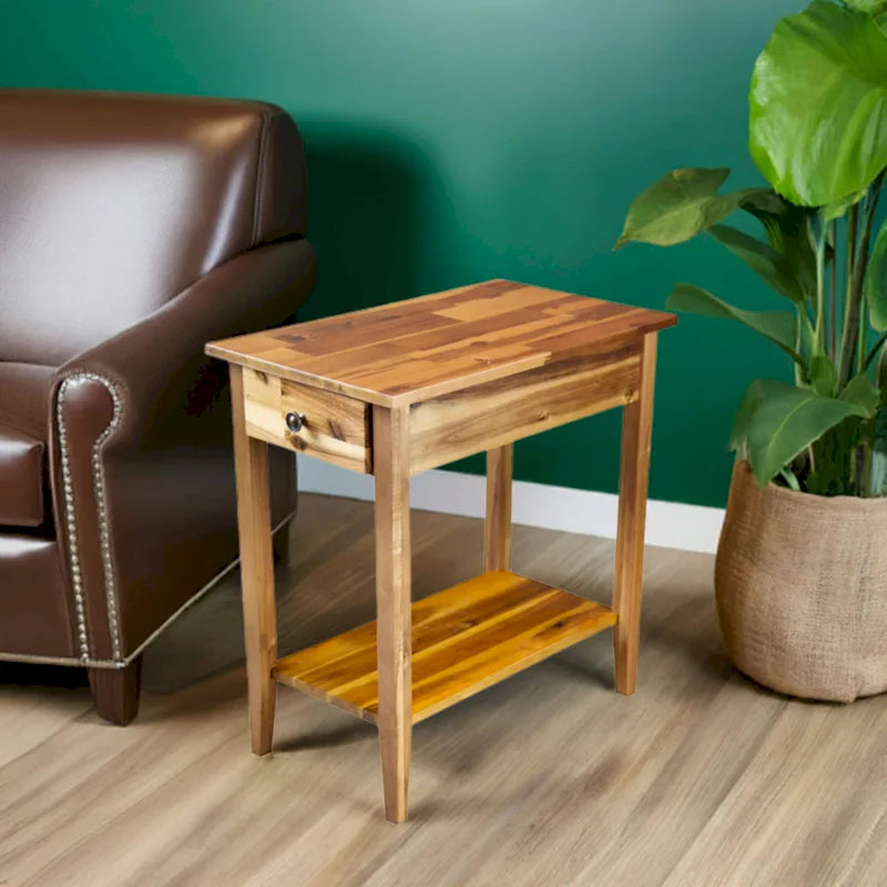 Solid Acacia Wood Recliner End Table with Drawer and Bottom Shelf