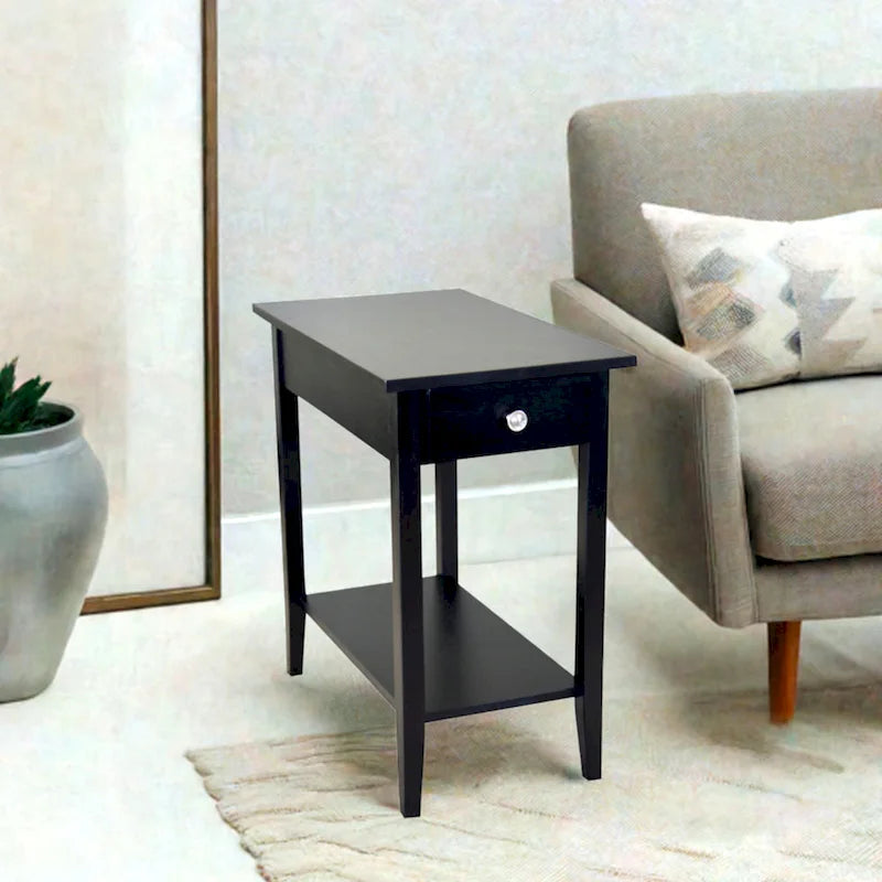 Solid Acacia Wood Recliner End Table with Drawer and Bottom Shelf
