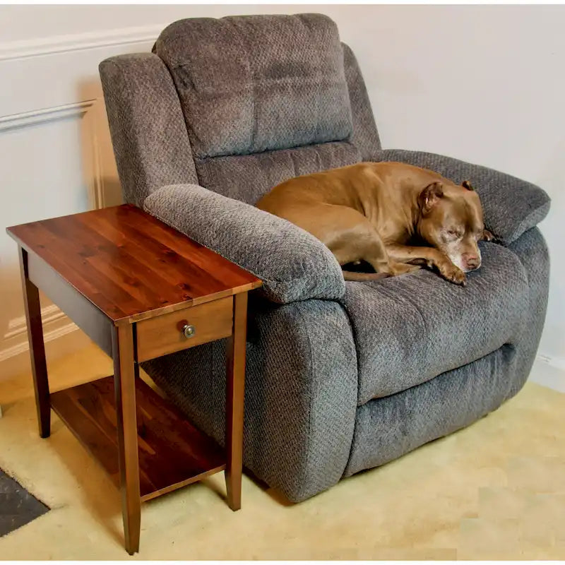 Solid Acacia Wood Recliner End Table with Drawer and Bottom Shelf