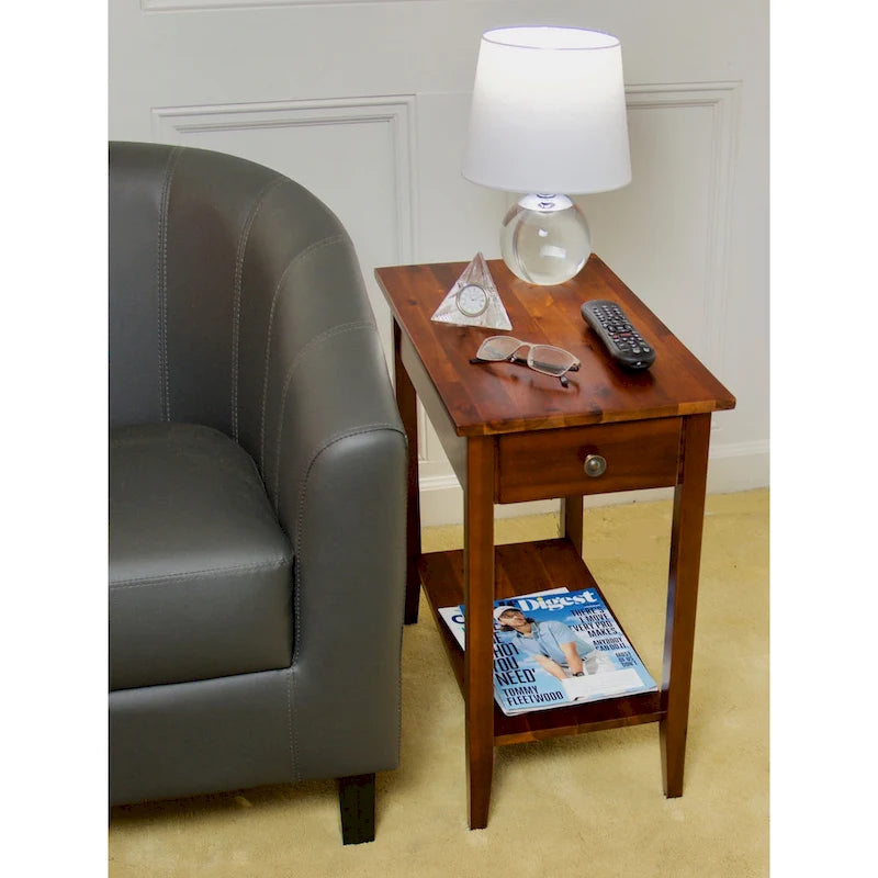 Solid Acacia Wood Recliner End Table with Drawer and Bottom Shelf
