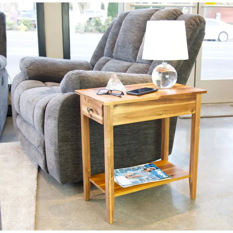 Solid Acacia Wood Recliner End Table with Drawer and Bottom Shelf