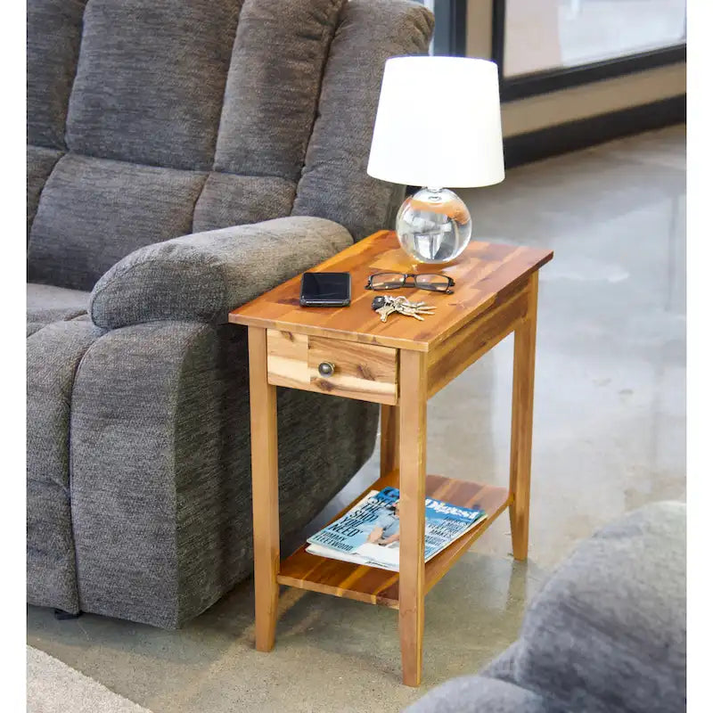 Solid Acacia Wood Recliner End Table with Drawer and Bottom Shelf