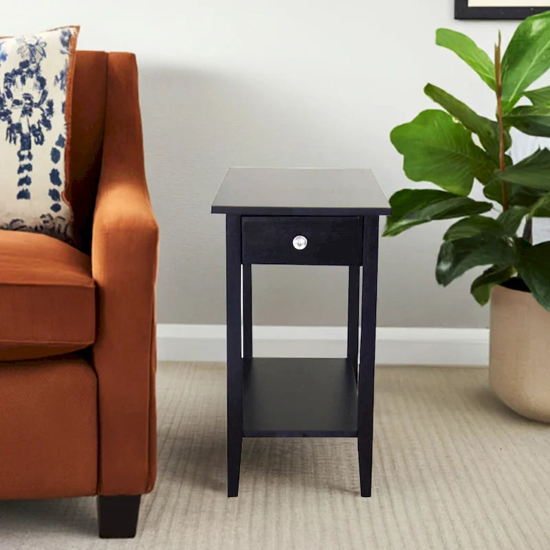 Solid Acacia Wood Recliner End Table with Drawer and Bottom Shelf