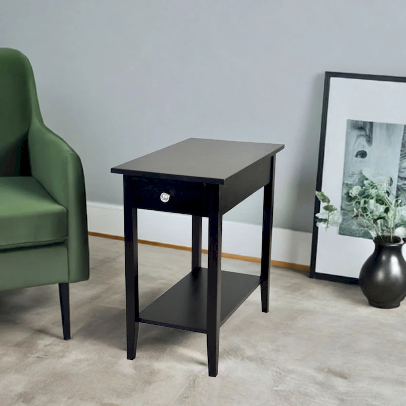 Solid Acacia Wood Recliner End Table with Drawer and Bottom Shelf
