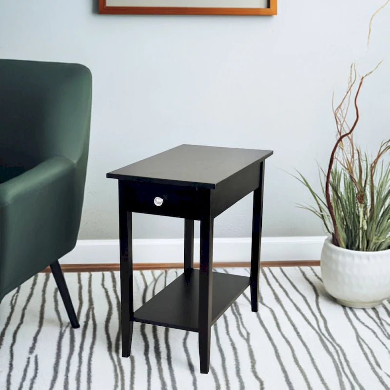 Solid Acacia Wood Recliner End Table with Drawer and Bottom Shelf