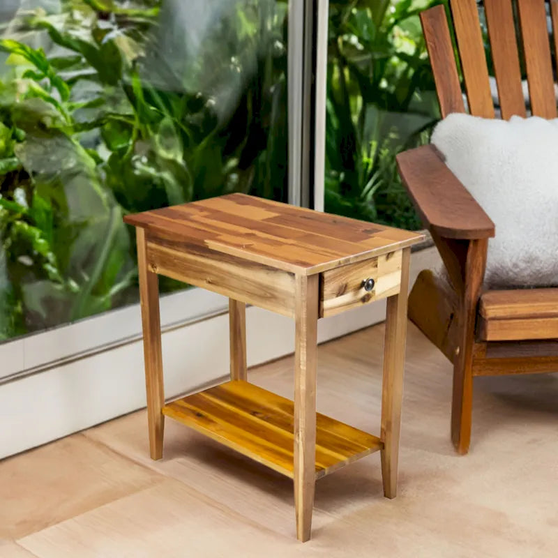 Solid Acacia Wood Recliner End Table with Drawer and Bottom Shelf