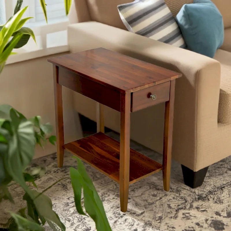 Solid Acacia Wood Recliner End Table with Drawer and Bottom Shelf