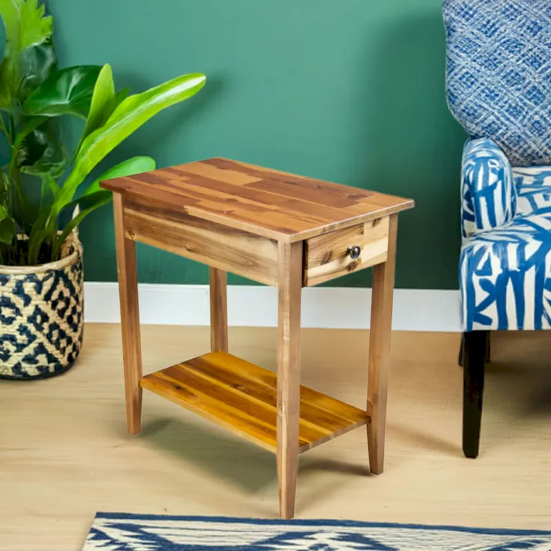Solid Acacia Wood Recliner End Table with Drawer and Bottom Shelf