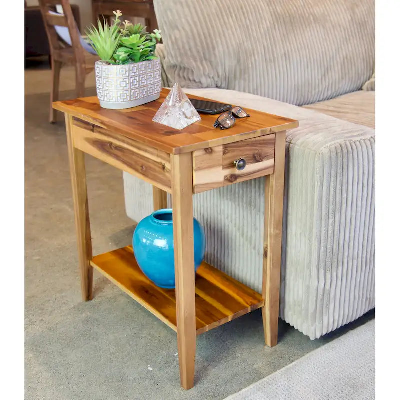 Solid Acacia Wood Recliner End Table with Drawer and Bottom Shelf