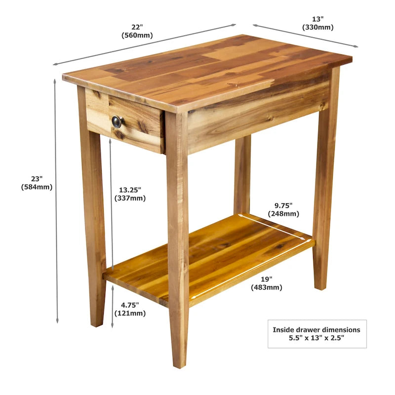 Solid Acacia Wood Recliner End Table with Drawer and Bottom Shelf