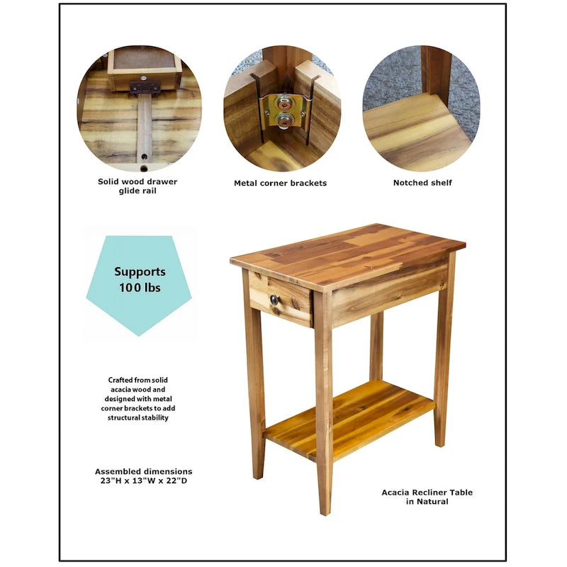 Solid Acacia Wood Recliner End Table with Drawer and Bottom Shelf