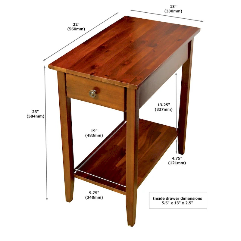 Solid Acacia Wood Recliner End Table with Drawer and Bottom Shelf
