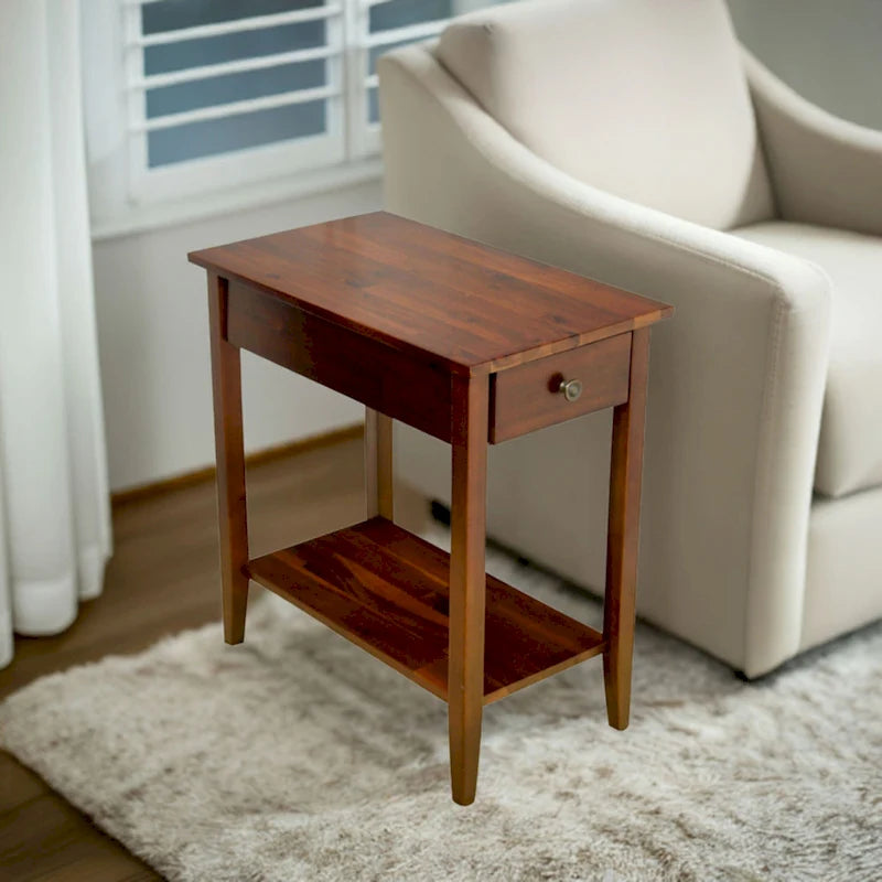 Solid Acacia Wood Recliner End Table with Drawer and Bottom Shelf