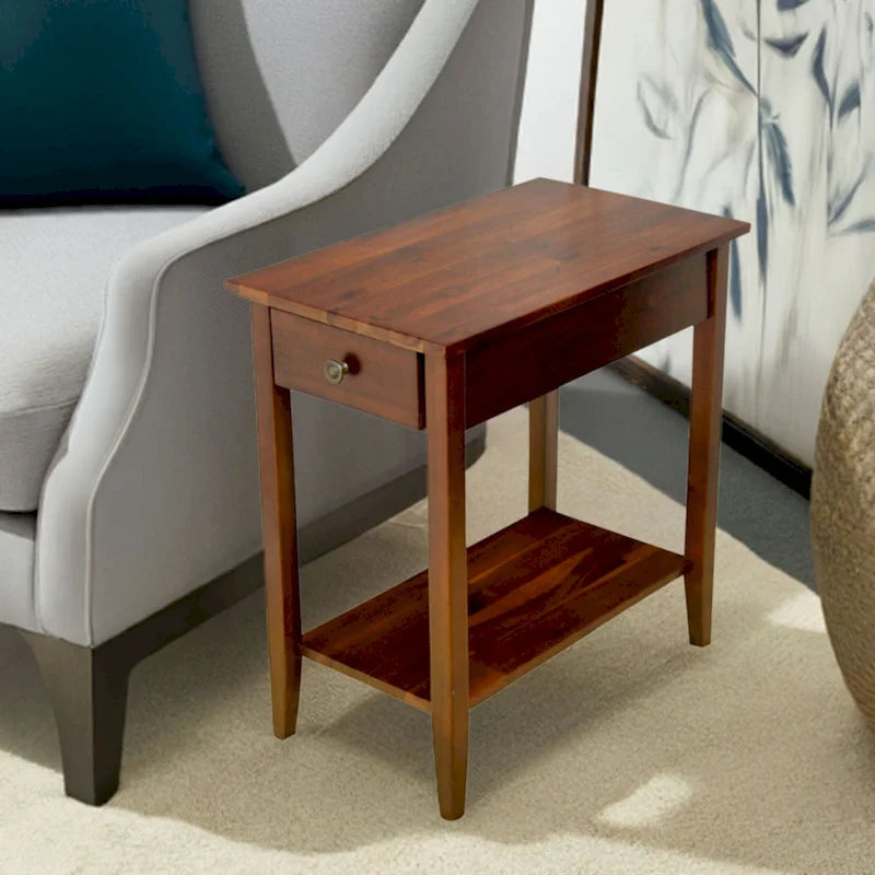 Solid Acacia Wood Recliner End Table with Drawer and Bottom Shelf