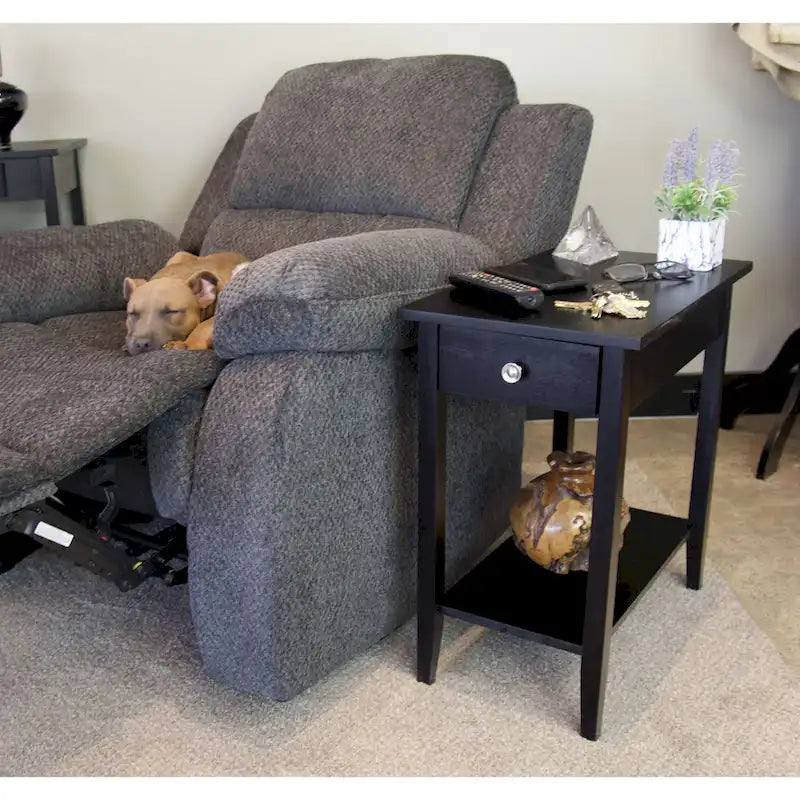 Solid Acacia Wood Recliner End Table with Drawer and Bottom Shelf
