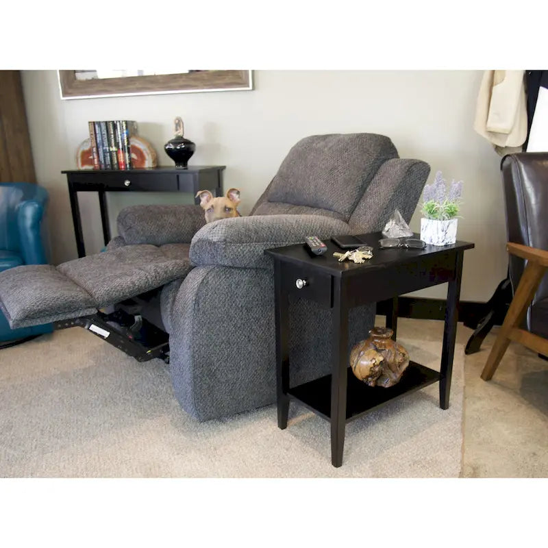 Solid Acacia Wood Recliner End Table with Drawer and Bottom Shelf