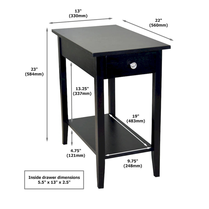 Solid Acacia Wood Recliner End Table with Drawer and Bottom Shelf