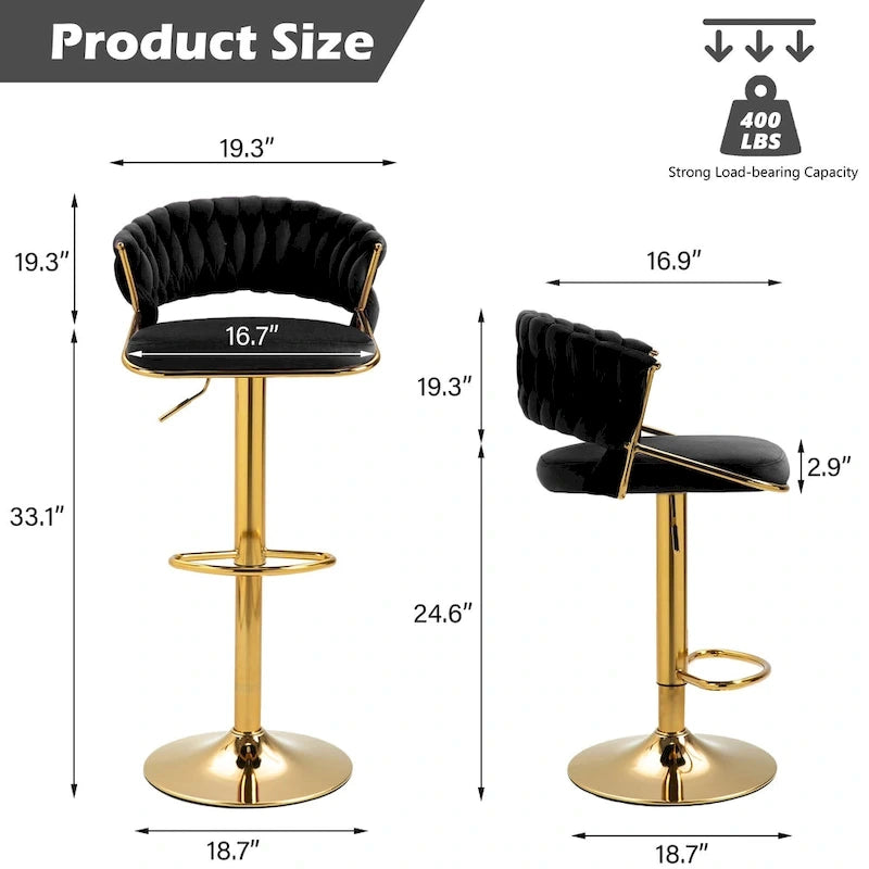 Adjustable Height Swivel Bar Stool with Velvet Seat, Set of 4