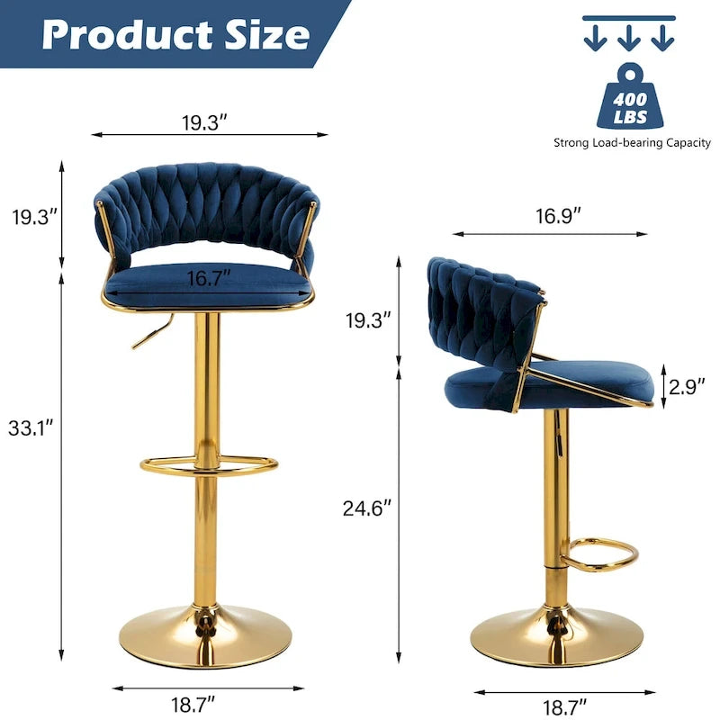 Adjustable Height Swivel Bar Stool with Velvet Seat, Set of 4