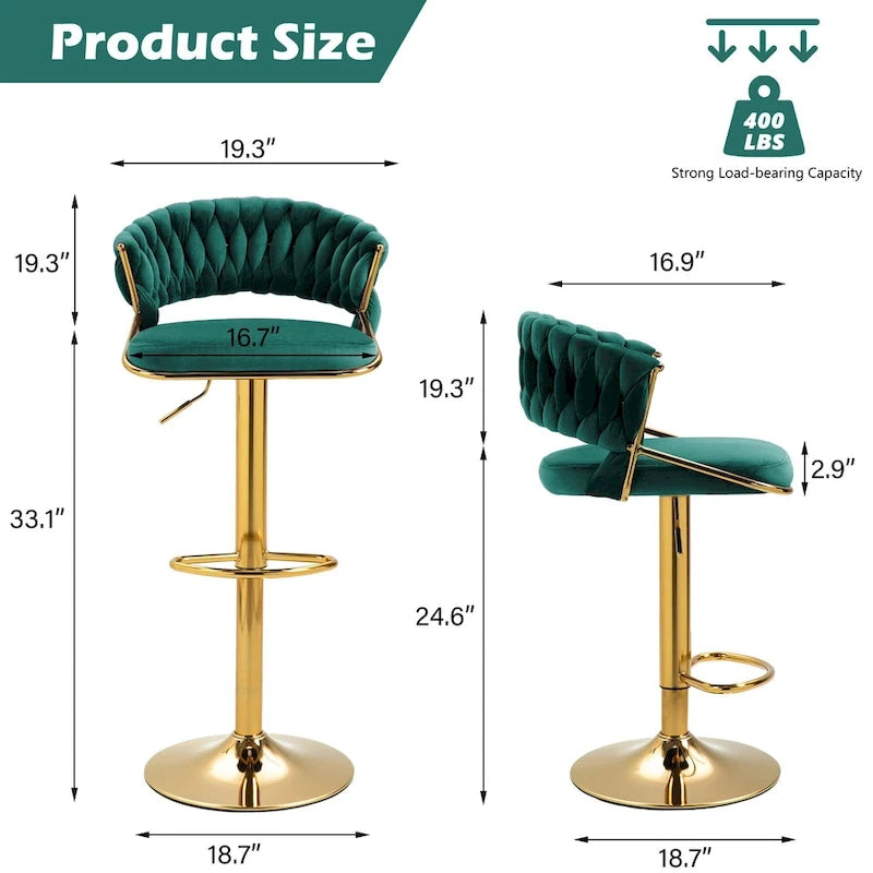 Adjustable Height Swivel Bar Stool with Velvet Seat, Set of 4