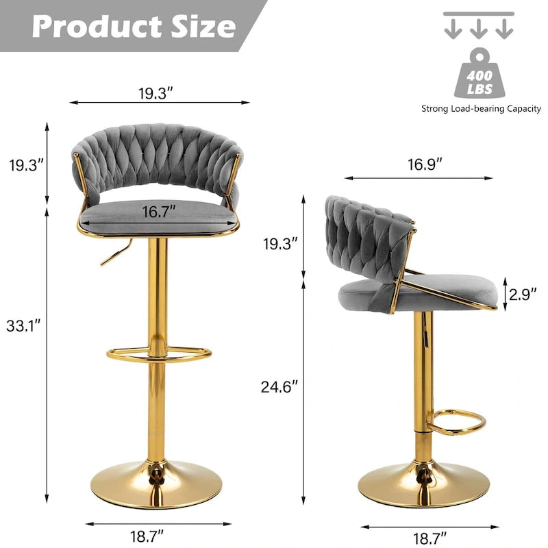 Adjustable Height Swivel Bar Stool with Velvet Seat, Set of 4